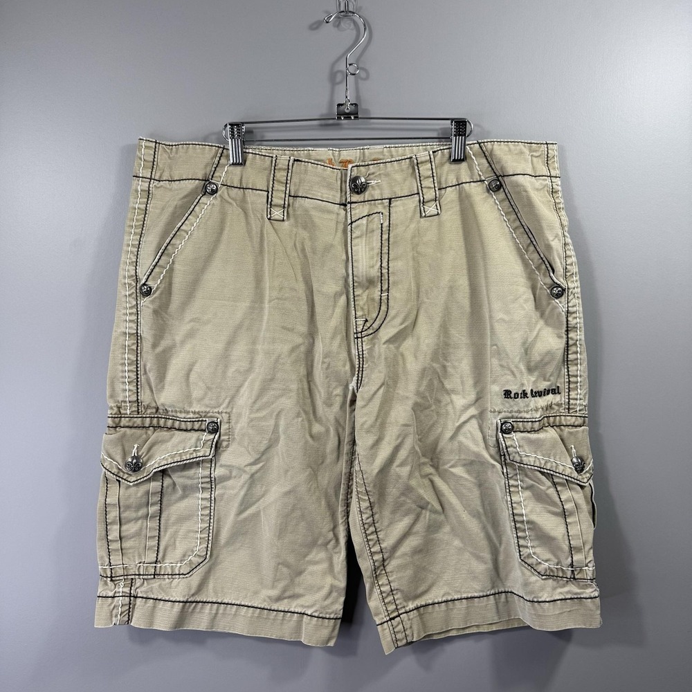 Rock Revival Cargo Shorts Mens 38 Beige Classic Denim Embroidered Pockets Casual